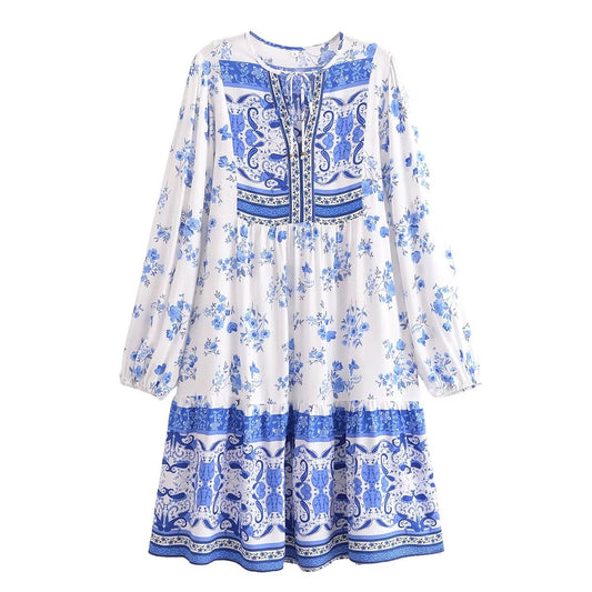 Early Spring Palace Stand Up Collar Puff Sleeve Elegant Blue White Short Print Mini Dress