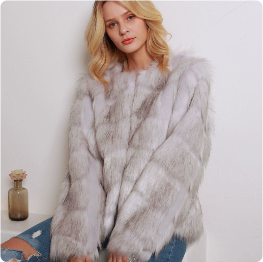 Curvy woman wearing a short collarless faux fur coat with long sleeves