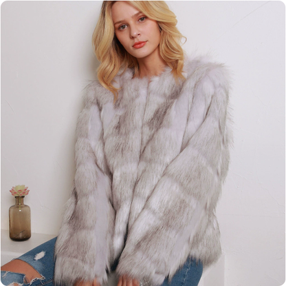Curvy woman wearing a short collarless faux fur coat with long sleeves