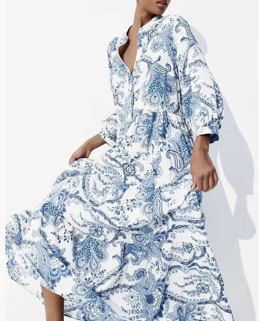 Rayon Printed Beach Bohemian Casual Loose Dress Summer Elegant Midi Dress