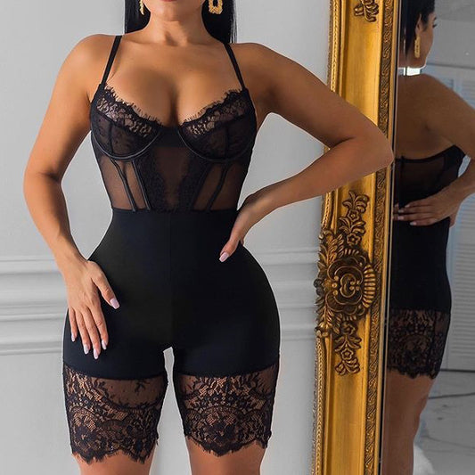 Summer Nights Strappy Low-Cut Eyelash Mesh Jumpsuit – Sexy Clubwear for Women