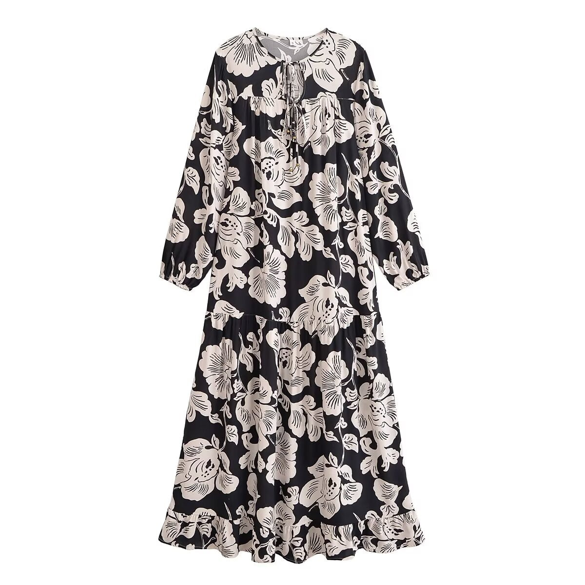 “Early autumn printed rayon bohemian maxi dress for women with long sleeves”