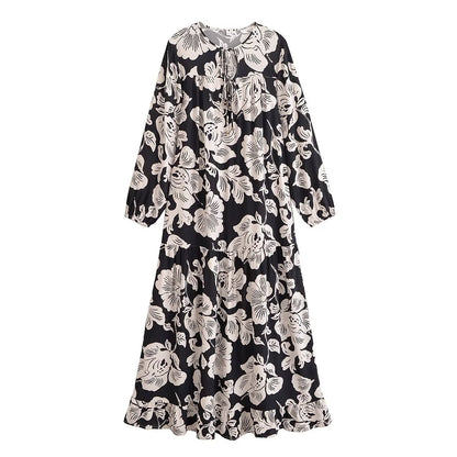 “Early autumn printed rayon bohemian maxi dress for women with long sleeves”