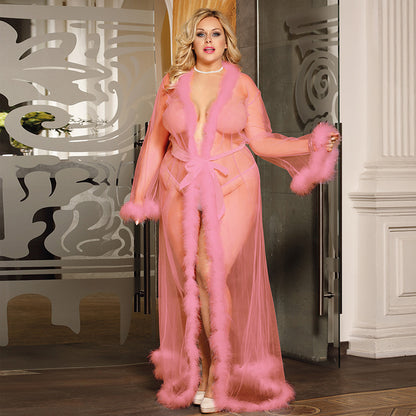 Sexy Lingerie Sexy See Through Long Sleeve Nightgown Raw Edge Mop Mesh