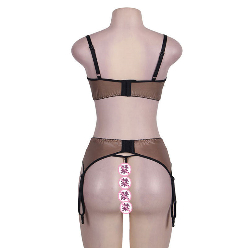 Mannequin wearing a brown lingerie set with black straps on a white background