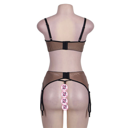 Mannequin wearing a brown lingerie set with black straps on a white background