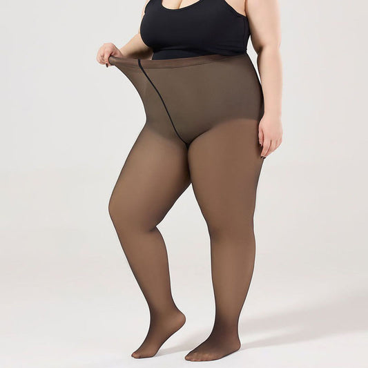 Plus size woman wearing oversized black silk pantyhose