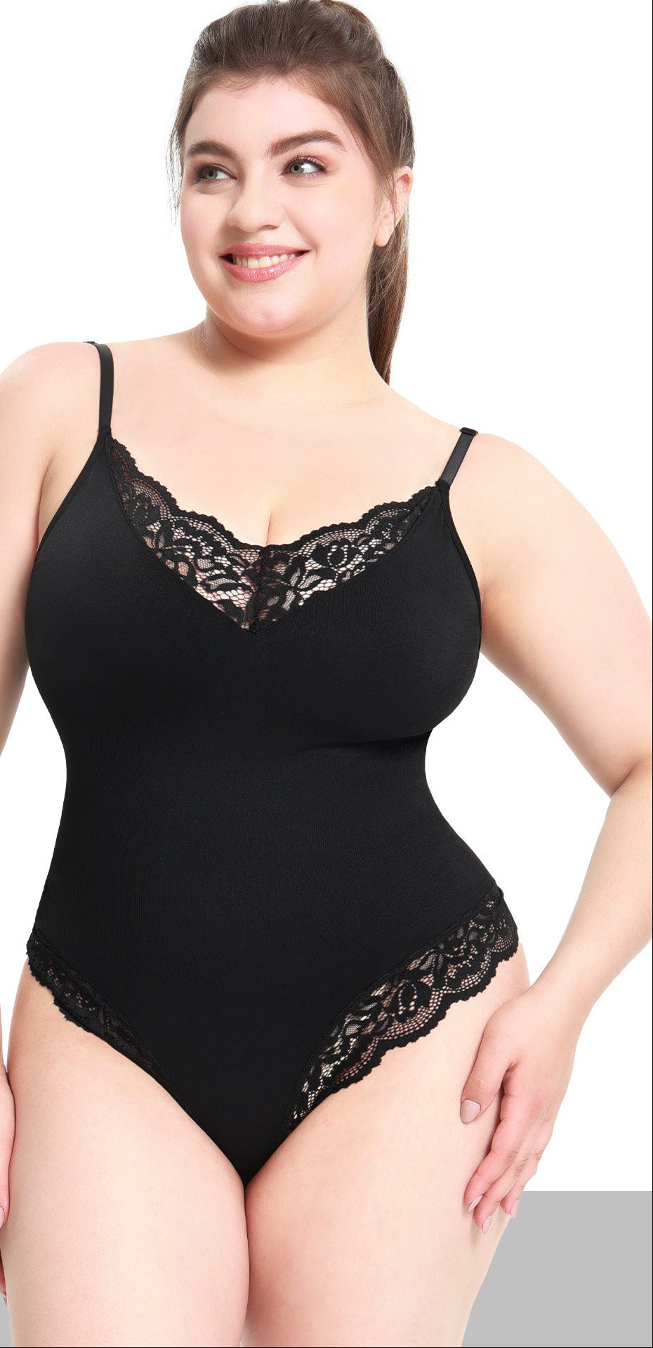 Curvy woman wearing floral lace shapewear bodysuit with tummy control