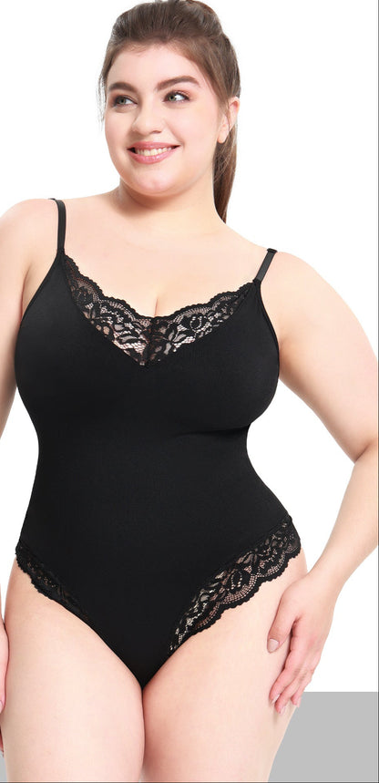 Curvy woman wearing floral lace shapewear bodysuit with tummy control