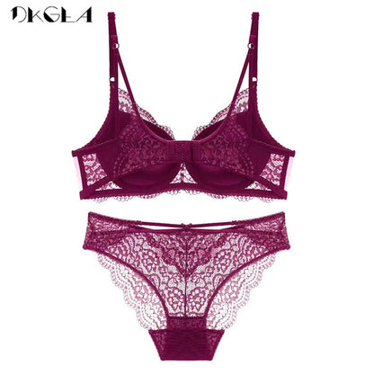 Thick padded bra with matching lace panty displayed flat