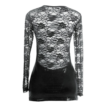 Black lace long-sleeve top on a white background