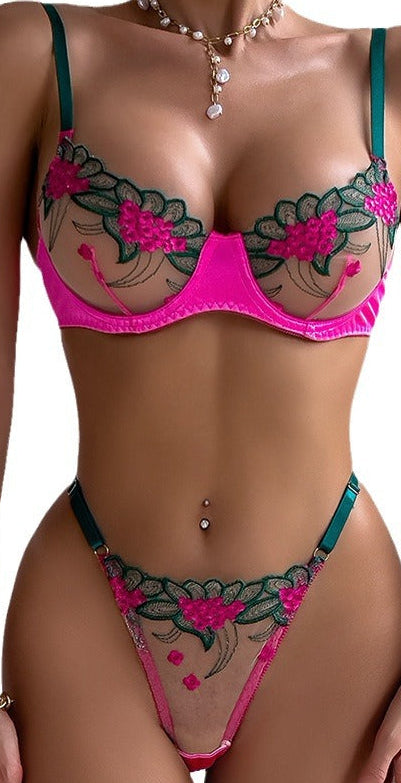 Plus size mesh floral embroidery bra and panty set