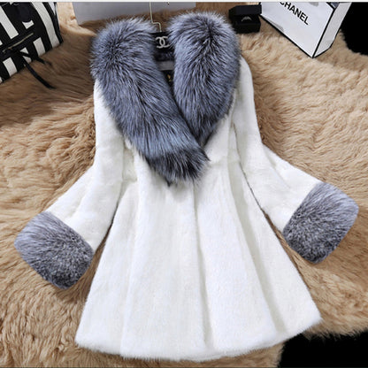 Plus size woman wearing long artificial mink hair coat with big fox fur collar