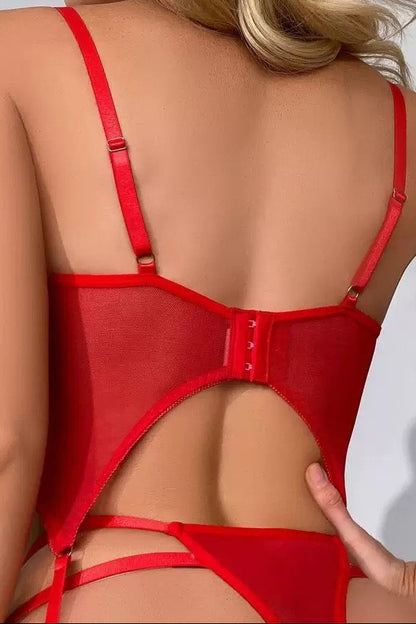 Close-up of lace detailing and steel support elements