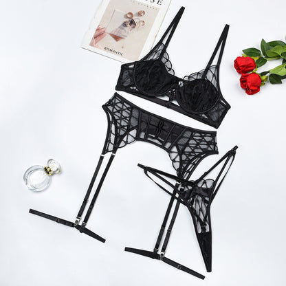 Close-up of hollow out details and splicing design on lingerie