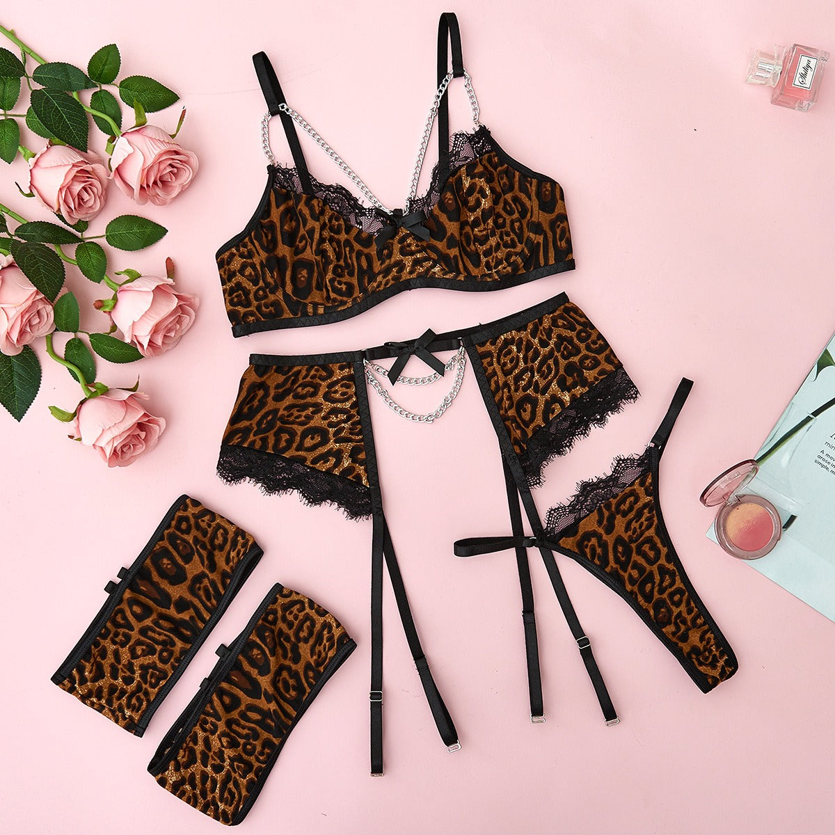 “Close-up of eyelash lace detail and animal printed