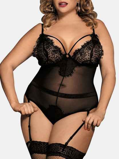 Plus size black lace insert mesh teddy front view