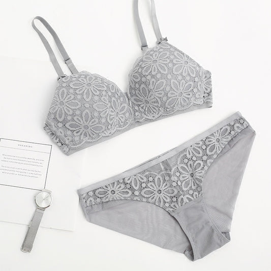 “Wireless 3/4 cup lace bra and matching panty set in solid color front view”