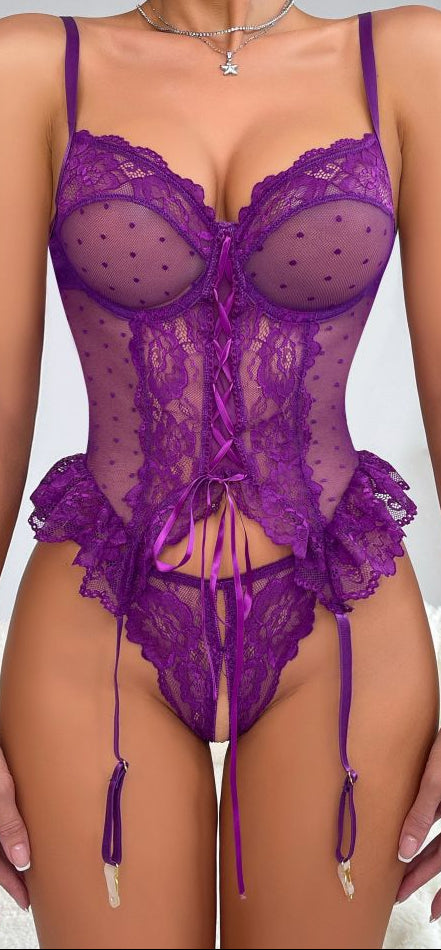 “Front view of purple lace lingerie with hollow-out open-crotch panties”