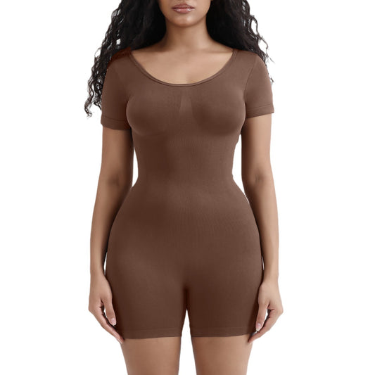 Plus size woman wearing waist-slimming body shaper jumpsuit