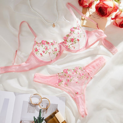 Woman wearing sheer mesh sweet and sexy lingerie set with matching thong