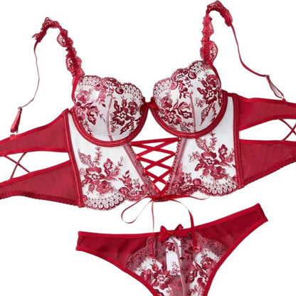 floral mesh cross-tie lingerie set