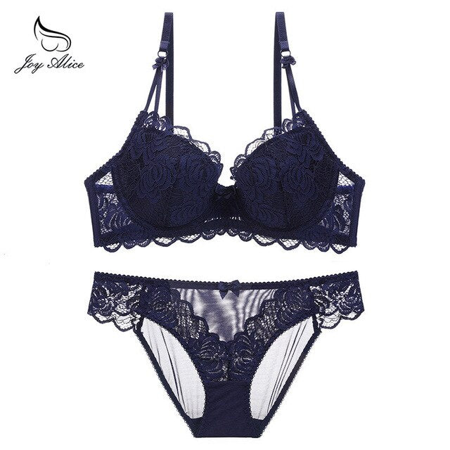 Close-up of lace push up bra with matching briefs in plus size