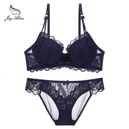 Close-up of lace push up bra with matching briefs in plus size