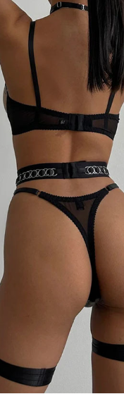 Back view with hanging neck ring accessory and garter of the five-piece plus-size lingerie ensemble
