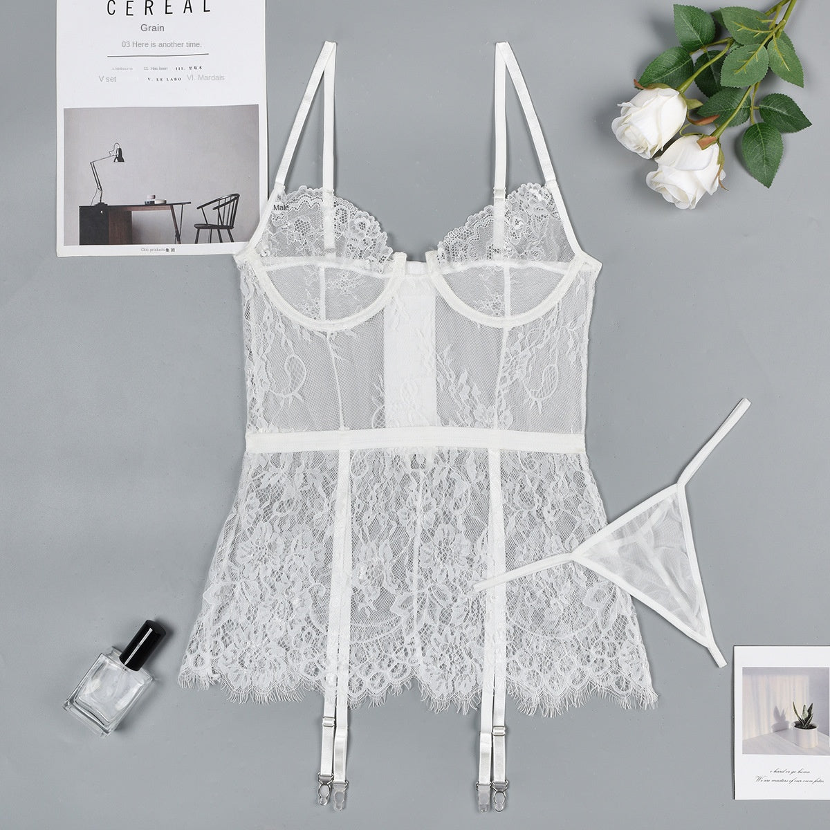 Close-up of delicate lace fabric and sexy nightdress design