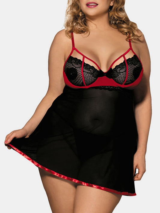 Plus size woman wearing mesh babydoll lingerie front view