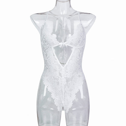 “Close-up of pearl strip detailing and lace fabric on backless sexy lingerie”