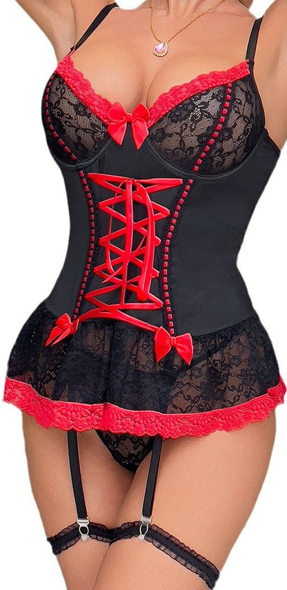 Close-up of the intricate lace fabric and cross-tied bow details on the lingerie set