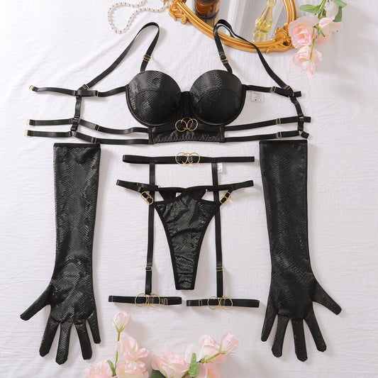 “Front view of hollow out fun bra lingerie set with thong, garter belt, and thigh straps”