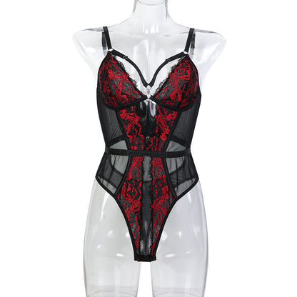 High-Quality Sexy Lingerie European and American Goddess Aura Black and Red Elastic Lace Color-Blocking Strap Bodysuit