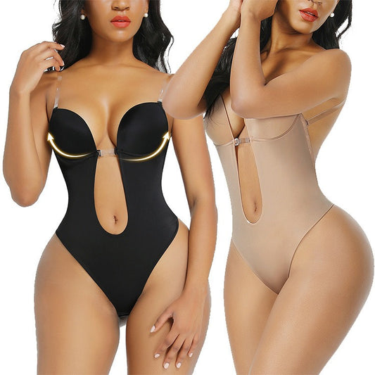 Plus size woman wearing hanging strap jumpsuit bra with backless deep V