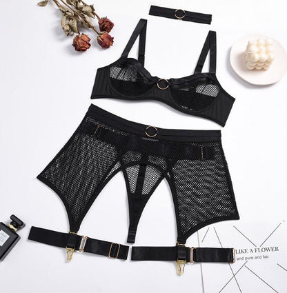 “Side view showing bra, thong, garter belt, and accessories on lingerie set”