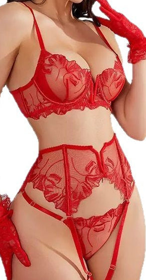 Lace hollow sheer five-piece lingerie set with garter belt and panties