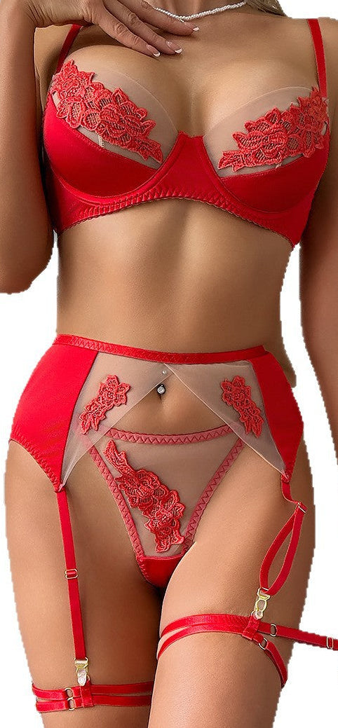 “Front view of red embroidered floral bra with mesh splicing and garter belt set”