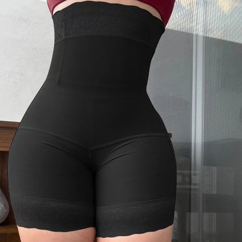 Plus size woman wearing high waist lace one-piece shapewear