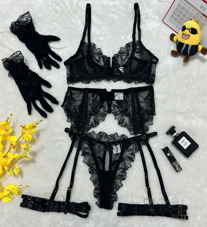 Close-up of delicate hollow lace and sheer fabric detailing