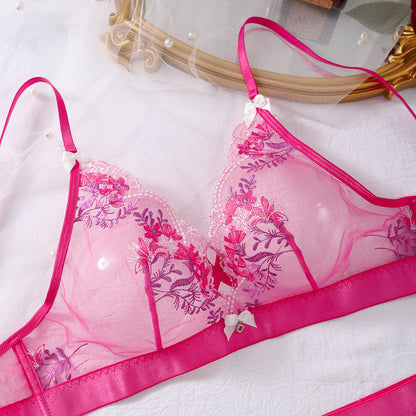 Close-up of bra and panty featuring delicate floral embroidery and mesh stitching
