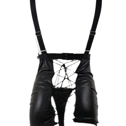 “detail close-up of lace-up front, mesh panels and performance accessories on lingerie costume”