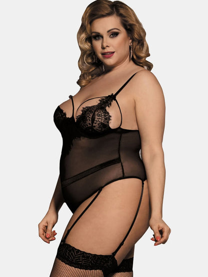 Back view of black lace lingerie teddy for curvy women