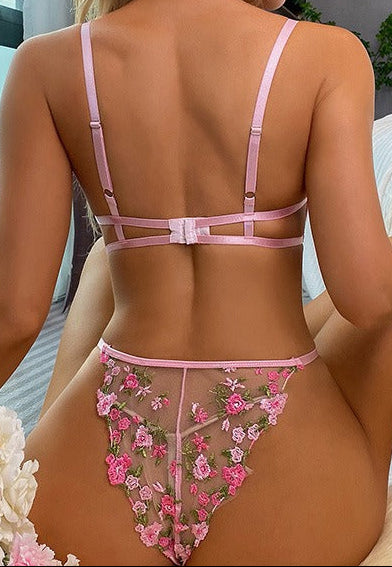 “Back view of embroidered mesh bra and thong set”