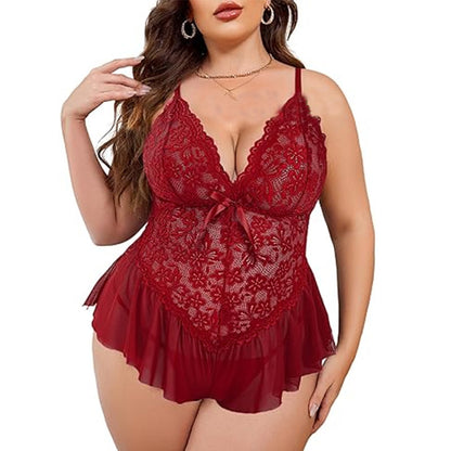 Close-up of lace neckline and bow detail on plus size nightgown