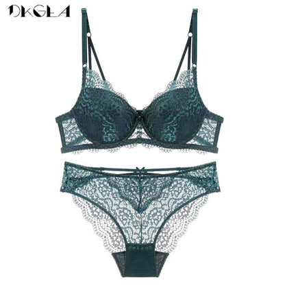 Purple deep V lace push up bra and panty set front view