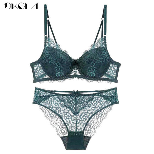 Purple deep V lace push up bra and panty set front view