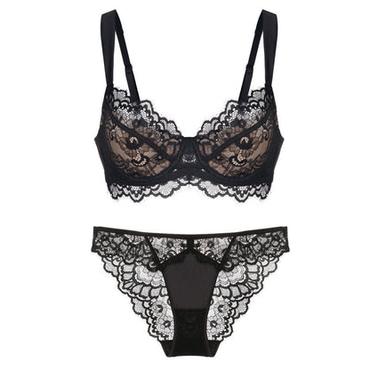 Thin cotton anti-sagging bra with matching lace lingerie bottom