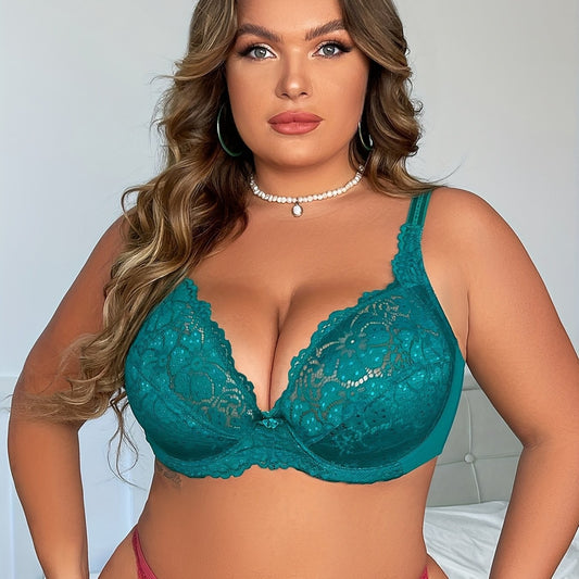 Plus size woman wearing lace gathering bra front view